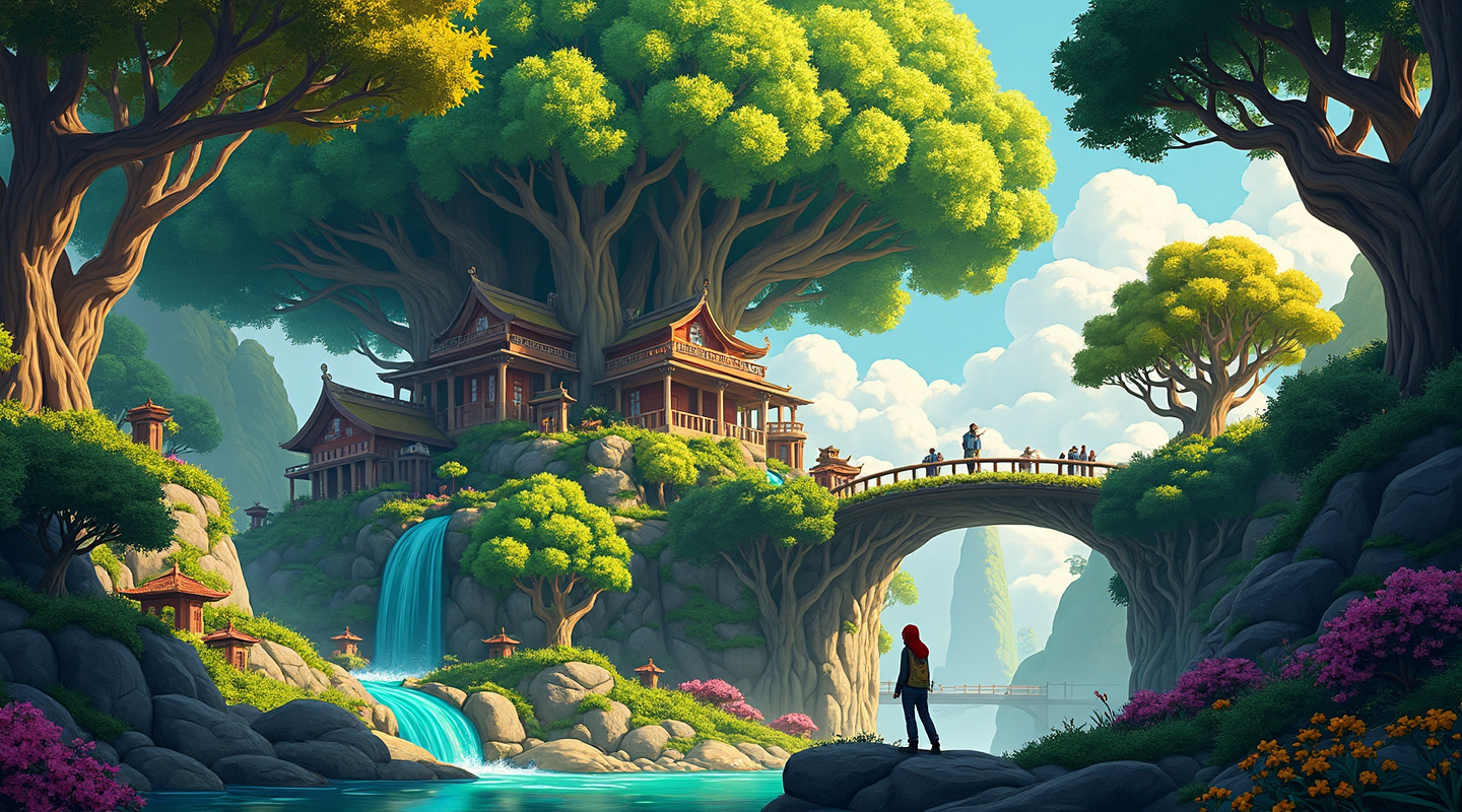 Magical world of Paint and Level Up with giant trees and buildings