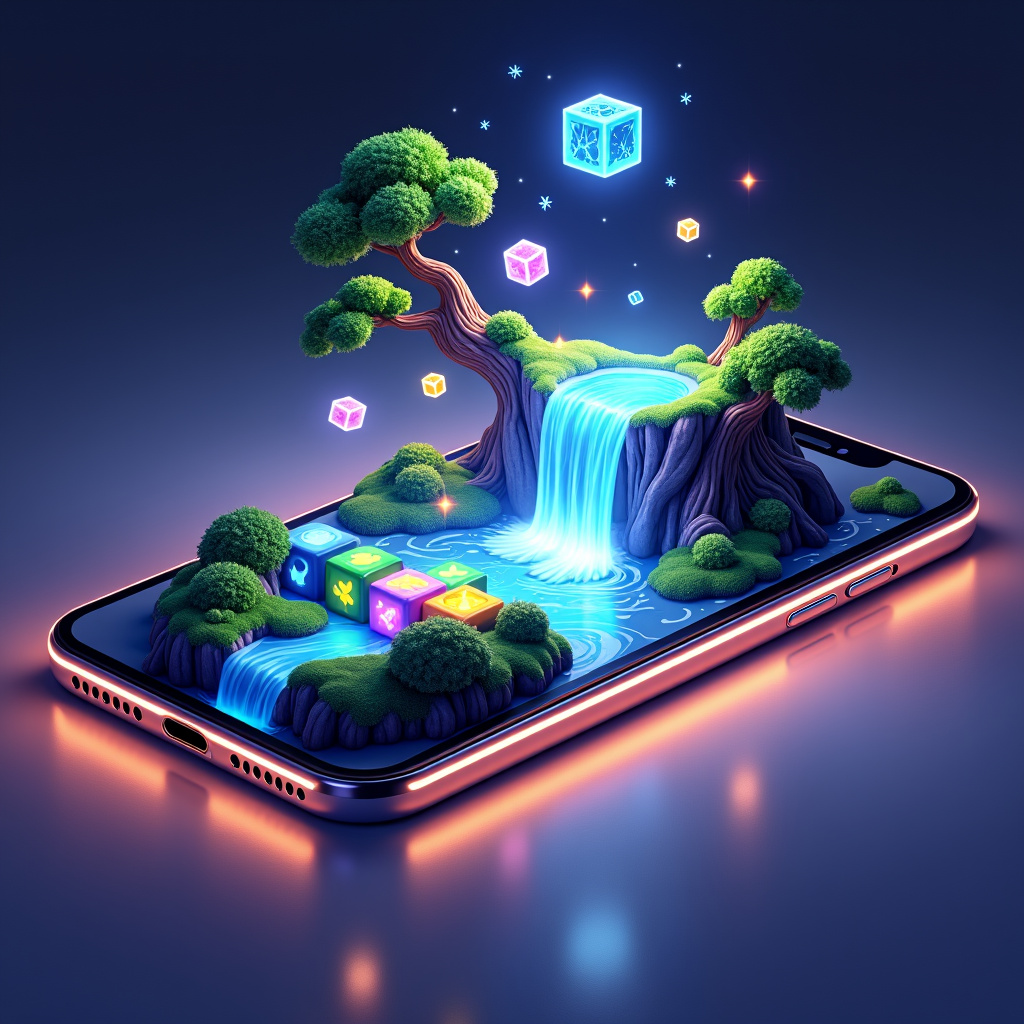 Mundo mágico emergiendo de un teléfono móvil con árboles y cascadas